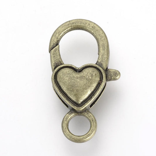 CL148 - 20 pcs. Antique Bronze Heart Lobster Clasps - 27mm x 13mm - Claw Clasps