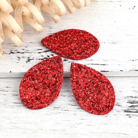 P1168 - 10 pcs. Red Glitter Faux Leather Dangle Charms Pendants - Teardrop - 39mm (1.53") - Great for Light Earrings and Dangles! Double Sided