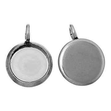 P471 - 10 pcs. 304 Stainless Steel Circle Settings Bezels Cabochons Pendants - 8mm Glue Pad Setting - Silver Tone - Trays - Perpendicular Loop