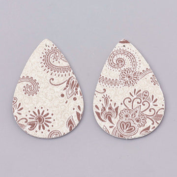P257 - 10 pcs. Beige and Brown Filigree Floral Faux Leather Dangle Charms Pendants - Teardrop - 55mm (2.17") - Double Sided - Great for Earrings!