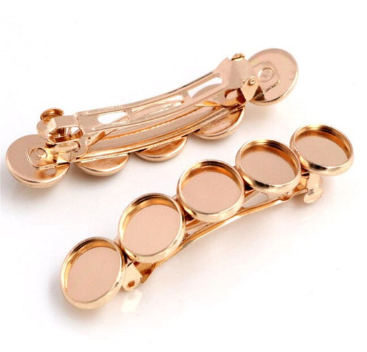 H071 - 10 pcs Light Gold French Hair Barrettes Hair Clips - 71mm x 14mm - 12mm Glue Pad - LARGE - 5 Bezels