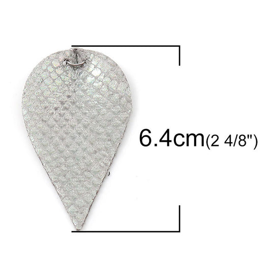 P273 - 10 pcs. Scales Faux Leather Dangle Charms Pendants - Pinch Leaf - Silver - Silver Tone Jump Ring - 63mm (2.5") - Double Sided