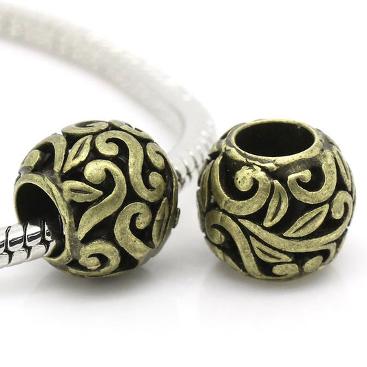 BD623 - 10 pcs Antique Bronze Carved Filigree METAL Ball Spacer Beads - 12mm - Large Hole: 5.8mm - Fits Paracord and European Beads!