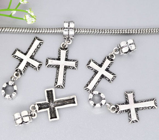 P1007 - 2pcs. Antique Silver Cross Dangle Charms Pendants - Fits European Cords - 40x17mm