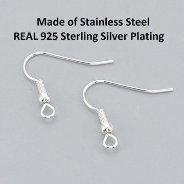 E581- 50 pcs 304 Stainless Steel 925 Sterling Silver Plated Earring Hooks with Spring and Ball - 20mm x 20mm - Hole Size: 2mm - Parallel Loop