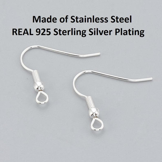 E581- 50 pcs 304 Stainless Steel 925 Sterling Silver Plated Earring Hooks with Spring and Ball - 20mm x 20mm - Hole Size: 2mm - Parallel Loop