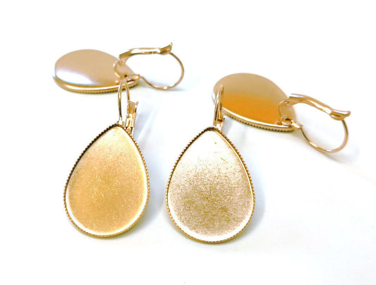 E507 - 6 pcs. (3 pairs) Stainless Steel Golden Teardrop Earring Clips Lever Back Bezels Cabochons - 25mm x 18mm Glue Pad Setting - Drop