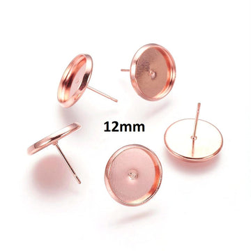 E403 - 10 pcs. Rose Gold Plated Earring Posts Studs Settings Bezels Cabochons Tacks- 12mm Glue Pad Setting - Made of Brass