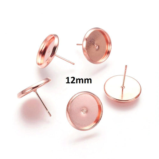 E403 - 10 pcs. Rose Gold Plated Earring Posts Studs Settings Bezels Cabochons Tacks- 12mm Glue Pad Setting - Made of Brass