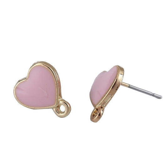 E705 - 10 pcs. Gold Plated with Pink Enamel Heart Earring Posts Studs with Loop Cabochons Tacks- 12mm x 11mm Base - 14mm Length - Hole Size: 1.2mm