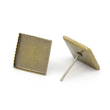 E441 - 10 pcs. Antique Bronze Square Earring Posts Studs Settings Bezels Cabochons Tacks- 12mm x 12mm Glue Pad Setting - Spike Frame