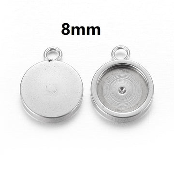 P2027 - 10 pcs. 304 Stainless Steel Circle Settings Bezels Cabochons Pendants - 8mm Glue Pad Setting - Silver Tone - Trays - Flat - Parallel Loop