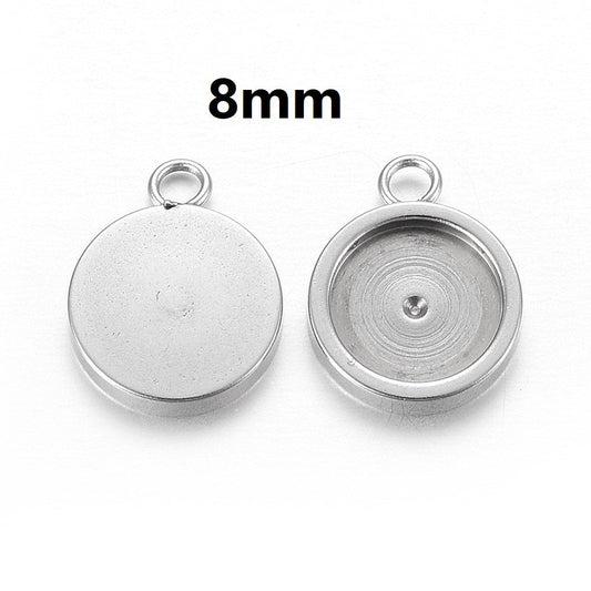P2027 - 10 pcs. 304 Stainless Steel Circle Settings Bezels Cabochons Pendants - 8mm Glue Pad Setting - Silver Tone - Trays - Flat - Parallel Loop