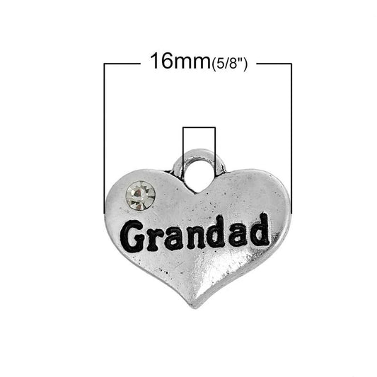 P052 - 4 pcs. Antique Silver "Grandad" charm with rhinestone - 16mm X 14mm