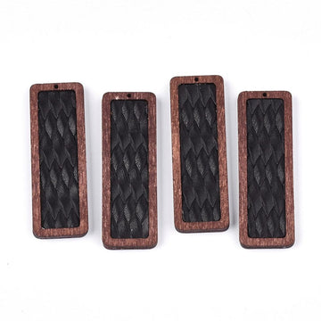 P2104 - 4 pcs. Black and Brown REAL Leather Cowhide over Wood Dangle Pendants - Rattan - Rectangle - 56mm (2.2") - Great for Earrings or Dangles!