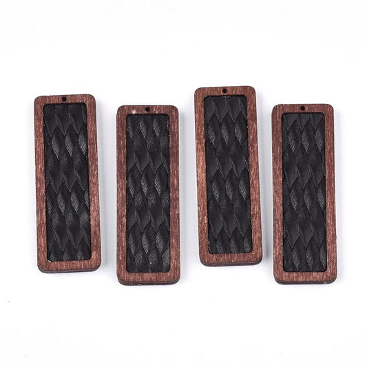 P2104 - 4 pcs. Black and Brown REAL Leather Cowhide over Wood Dangle Pendants - Rattan - Rectangle - 56mm (2.2") - Great for Earrings or Dangles!