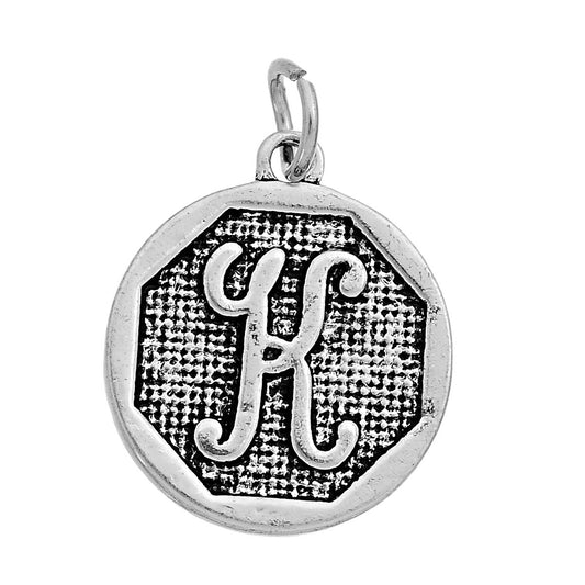 P116 - 4 pcs. Antique Silver LARGE Letter "K" Alphabet Letter Charm Pendant - 23mm x 20mm - Stamped Design