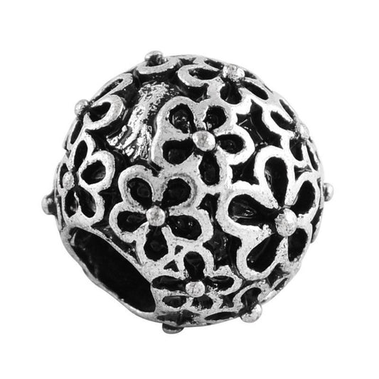 BD793 - 25 pcs Antique Silver Tone Flower METAL Ball Spacer Beads - 12mm - Large Hole: 4.5mm - Fits European Cords and Paracord! $5.45