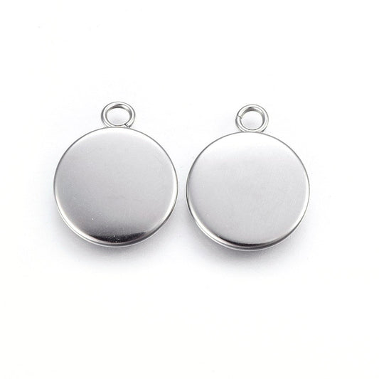 P088 - 10 pcs. 304 Stainless Steel Circle Settings Bezels Cabochons Pendants - 6mm Glue Pad Setting - Silver Tone - Trays - Single Parallel Loop