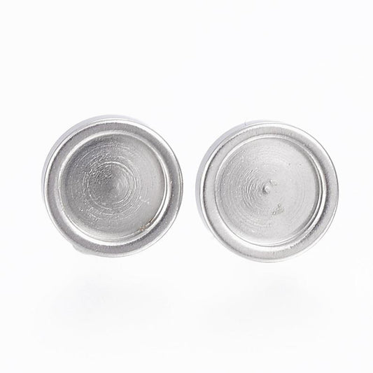 E414 - 10 pcs. 304 Stainless Steel Earring Posts Studs Settings Bezels Cabochons Tacks - 6mm Glue Pad Setting - Silver Tone - Flat Thick Bezel