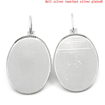 E310 - 10 pcs. Silver Tone Earring Clips Settings Lever Back Bezels Cabochons - 25mm x 18mm Glue Pad Setting - Oval - 25x18mm - 18x25mm