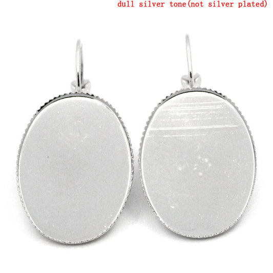 E310 - 10 pcs. Silver Tone Earring Clips Settings Lever Back Bezels Cabochons - 25mm x 18mm Glue Pad Setting - Oval - 25x18mm - 18x25mm