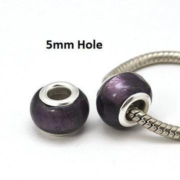 BD636 - 10 pcs. Silver Plated Purple Foil Rondelle Shape Lampwork Bead - Fits European Cords and Paracord - Large Hole: 5mm