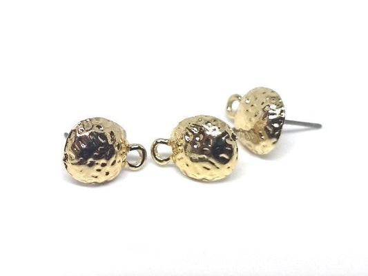 E425 - 10 pcs. (5 pairs) Golden Earring Posts/Bases/Studs/Settings - Hammered Style - Half Round - 10mm Diameter- 13mm with Loop - Hole Size: 1.8mm