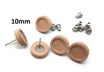E491 - 10 pcs. Stainless Iron Earring Posts Studs Settings Bezels Cabochons Tacks - 10mm Glue Pad Setting - Silver Tone - Wood Bezel - Metal Backs