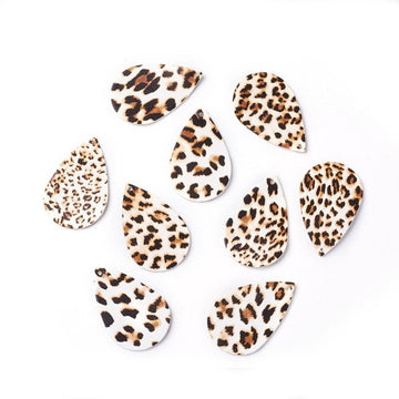 P2060 - 10 pcs. Leopard Faux Leather Dangle Charms Pendants - Teardrop - White and Brown - 56mm (2.2") - Double Sided