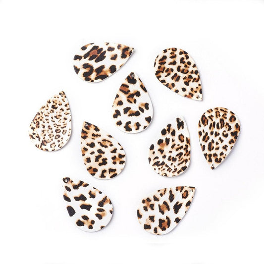 P2060 - 10 pcs. Leopard Faux Leather Dangle Charms Pendants - Teardrop - White and Brown - 56mm (2.2") - Double Sided