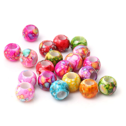 BD736 - 	 100 pcs Acrylic Assortment of Colors Smooth Ball Spacer Beads - 12mm - Large Hole: 5.8mm - Blotchy Style - Fits European Cords and Paracord!