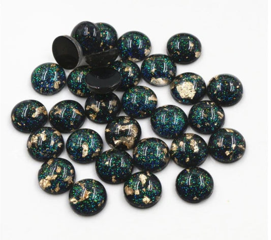 CA1004 - 10 pcs Resin Round Embellishment Circle Cabochons Metal Foil Black, Green, Gold - 12mm - Multi-Color Glitter - Glitter