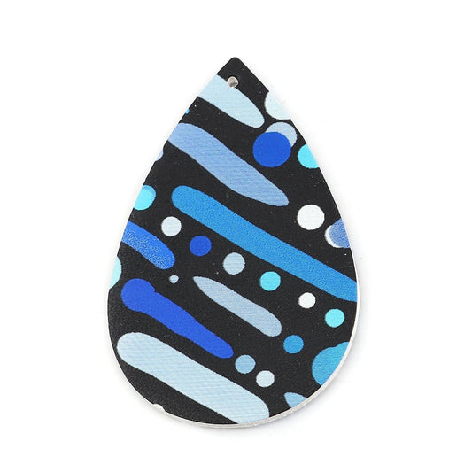 P1042 - 10 pcs. Black and Blue Stripe Dot Faux Leather Dangle Charms Pendants - Teardrop - 56mm (2.2") - Great for Earrings! Double Sided