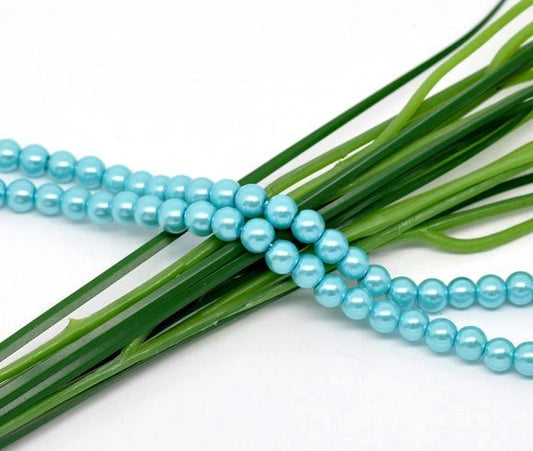 BD039 - 4mm Aqua Blue Glass Pearl Imitation Round Beads - 32 inch strand