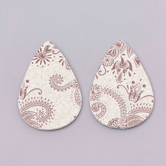 P257 - 10 pcs. Beige and Brown Filigree Floral Faux Leather Dangle Charms Pendants - Teardrop - 55mm (2.17") - Double Sided - Great for Earrings!