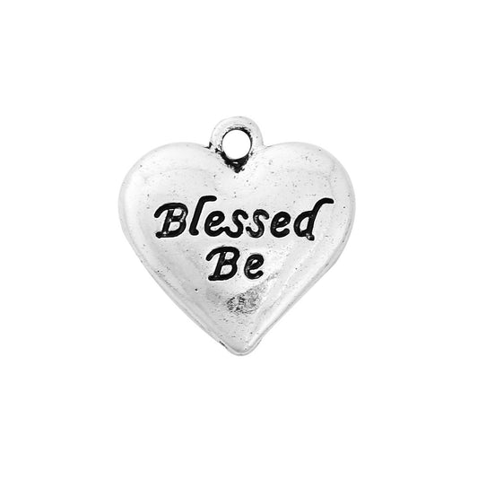 P867 - 10 pcs. Antique Silver "Blessed Be" Heart Charm with Message- 19mm X 18mm