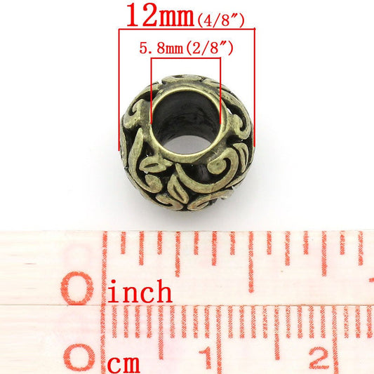 BD623 - 10 pcs Antique Bronze Carved Filigree METAL Ball Spacer Beads - 12mm - Large Hole: 5.8mm - Fits Paracord and European Beads!