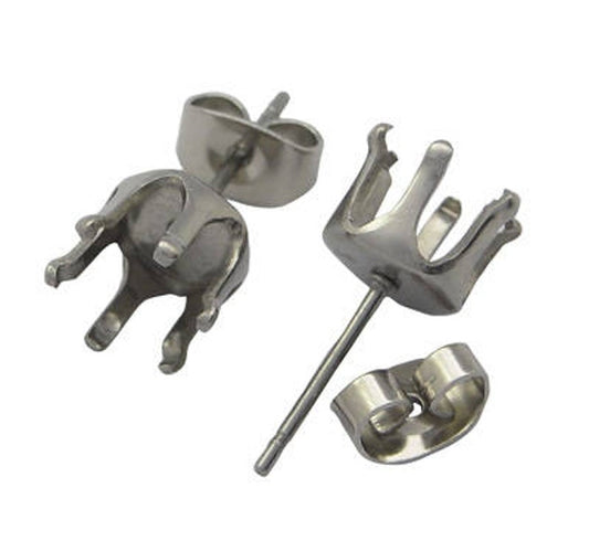 E577 - 10 pcs. (5 pairs) 304 Stainless Steel Earring Prongs Posts Settings Studs - 16mm x 7mm - Hypoallergenic! Stoppers Included!