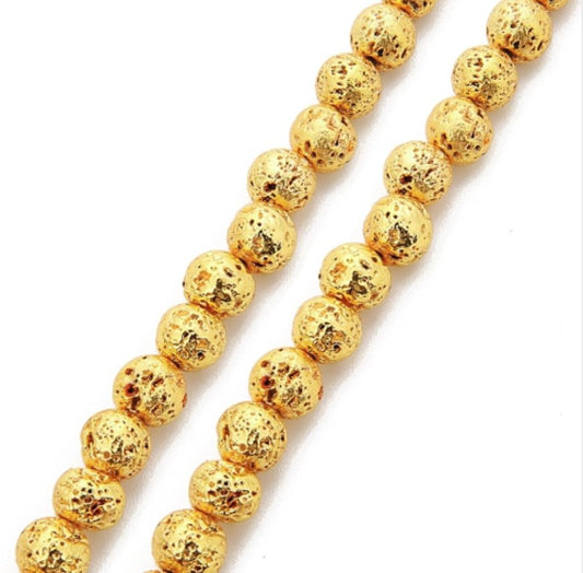 BD503 - 10mm Electroplated Natural Stone Lava Round Beads - Gold Plated - 15.35" strand - Hole Size: 1.5mm - Approx. 38 pieces per strand