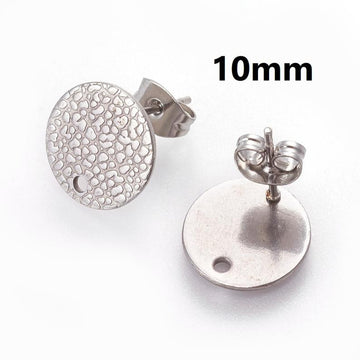 E751 - 10 pcs. (5 pairs) 304 Stainless Steel Silver Tone Earring Posts/Bases/Studs/Settings - 10mm Diameter - Hole Size: 1.8mm - TEXTURED