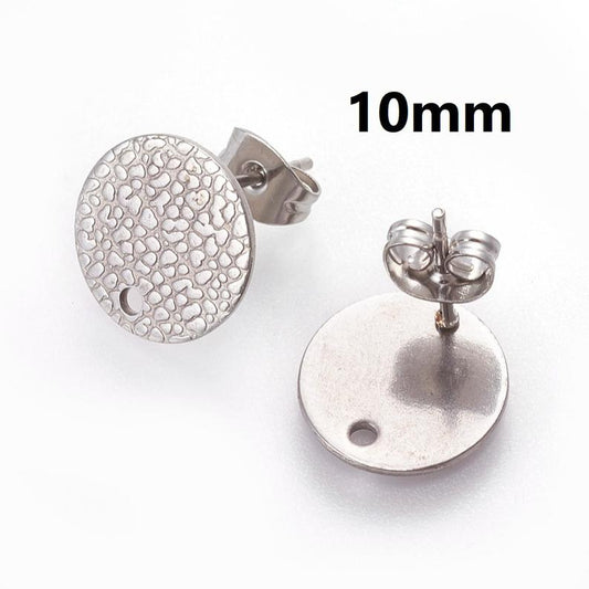 E751 - 10 pcs. (5 pairs) 304 Stainless Steel Silver Tone Earring Posts/Bases/Studs/Settings - 10mm Diameter - Hole Size: 1.8mm - TEXTURED