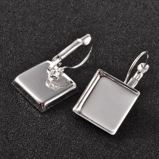 E609 - 8 pcs. Silver Plated Earring Clips Settings Lever Back Bezels Cabochons - 15mm Glue Pad Setting - Square