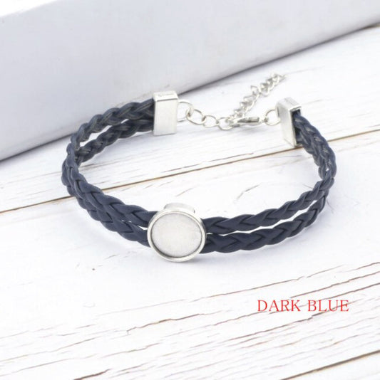 B068 - 2 pcs. Dark Blue Faux Leather Bracelets with 12mm Glue Pad Bezel Trays and Extender Chains - Adjustable from 7" to 9" - Double Braided Cord