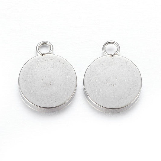 P2027 - 10 pcs. 304 Stainless Steel Circle Settings Bezels Cabochons Pendants - 8mm Glue Pad Setting - Silver Tone - Trays - Flat - Parallel Loop