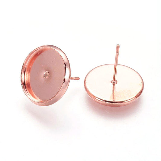 E403 - 10 pcs. Rose Gold Plated Earring Posts Studs Settings Bezels Cabochons Tacks- 12mm Glue Pad Setting - Made of Brass