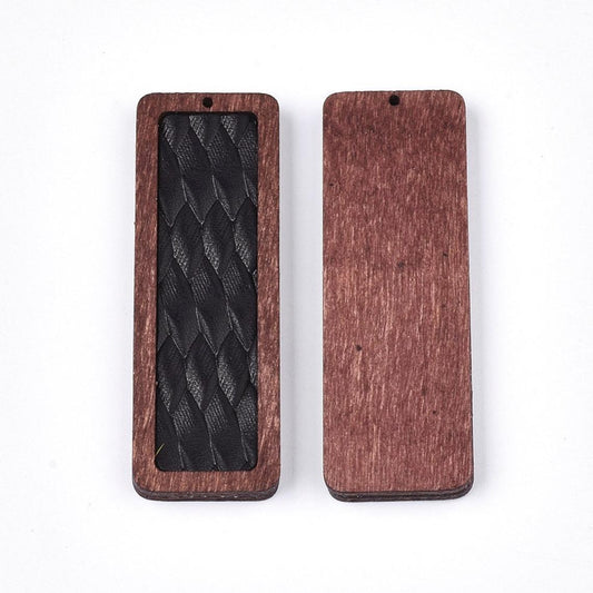 P2104 - 4 pcs. Black and Brown REAL Leather Cowhide over Wood Dangle Pendants - Rattan - Rectangle - 56mm (2.2") - Great for Earrings or Dangles!
