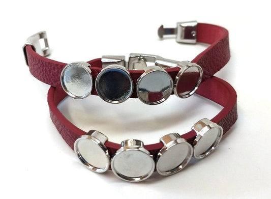 B081 - 2 pcs. Red Faux Leather Bracelets with 12mm Glue Pad Bezel Trays and Extender Chains - Adjustable from 7" to 9" - 4 Settings