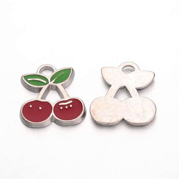 P1008 - 10 pcs. Cherry Fruit Silver Tone Enamel Charms Pendants - 22mm X 17mm
