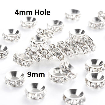BD609 - 10 pcs Silver Plated Clear Rhinestone Rondelle Spacer Beads - 9mm x 4mm - Grade A - Hole Size: 4mm - Crystal - Straight Edges